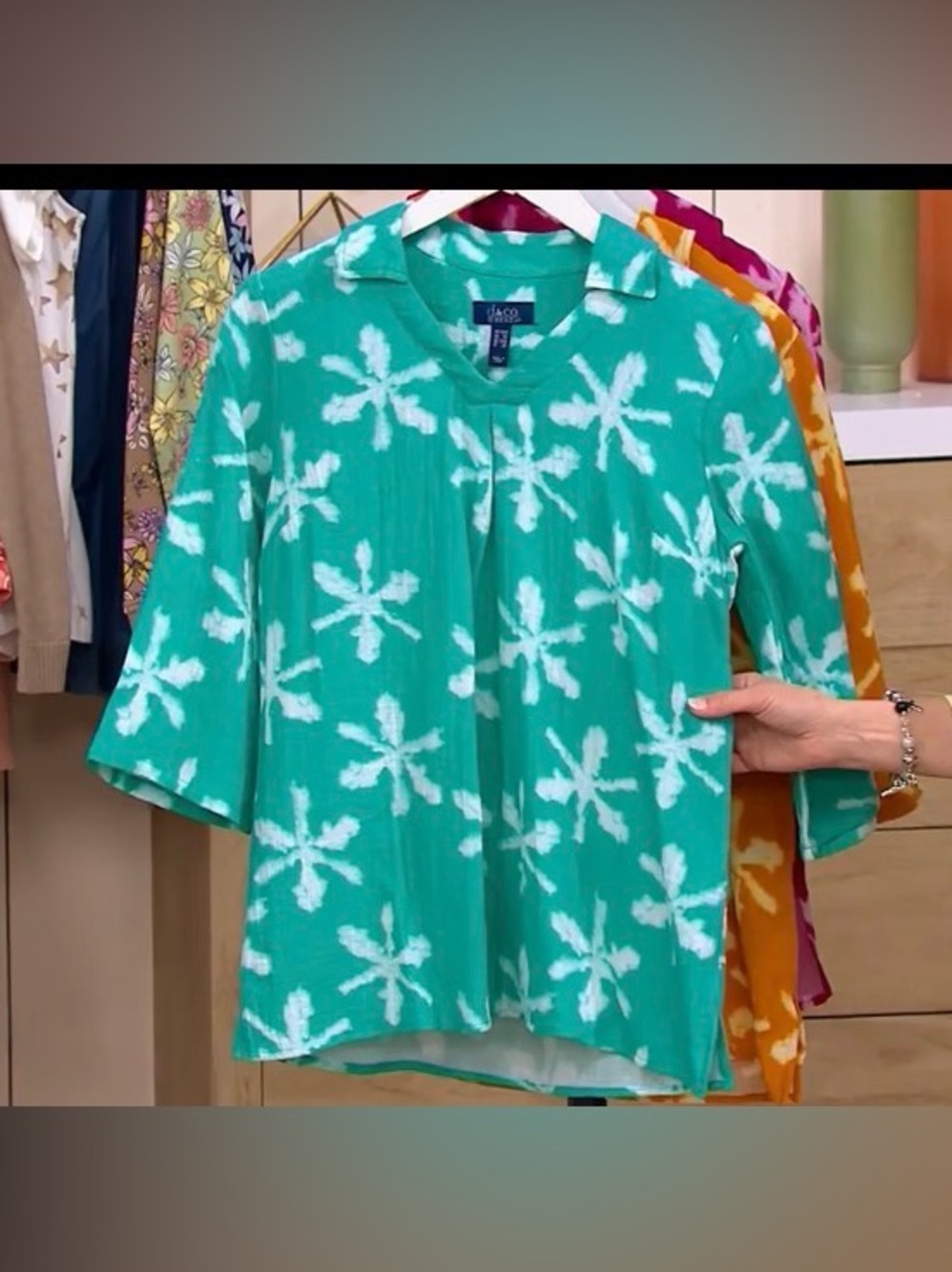 D & co. BEACH Cotton crinkled gauze Tunic Top Bright Aqua & white QVC A506539